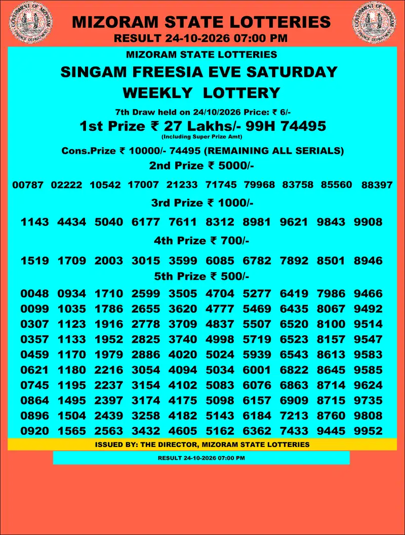 Singam Freesia Eve Result 24 October 2026