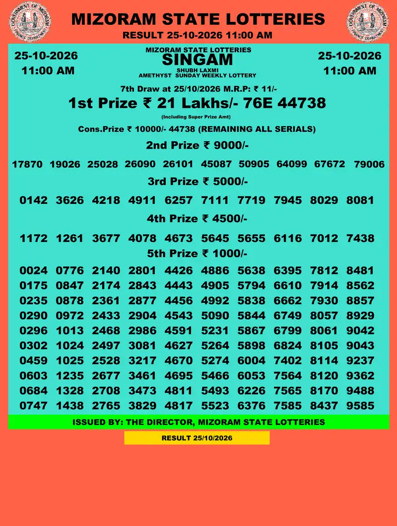Singam Amethyst Shubh Laxmi Result 25 October 2026