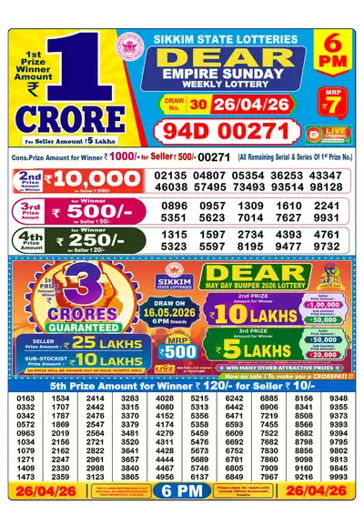 Nagaland State Lottery 6:00 PM Result 26 Apr 2026