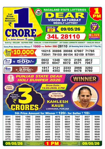 Nagaland State Lottery 1:00 PM Result 09 May 2026