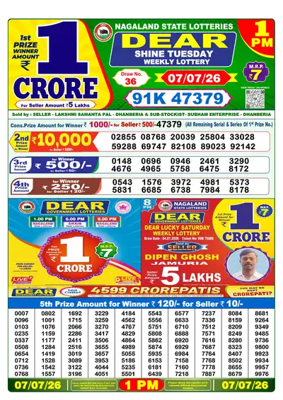Nagaland State Lottery 1:00 PM Result 07 Jul 2026