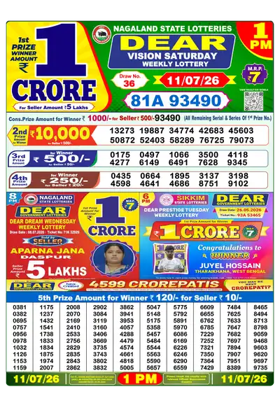Nagaland State Lottery 1:00 PM Result 11 Jul 2026