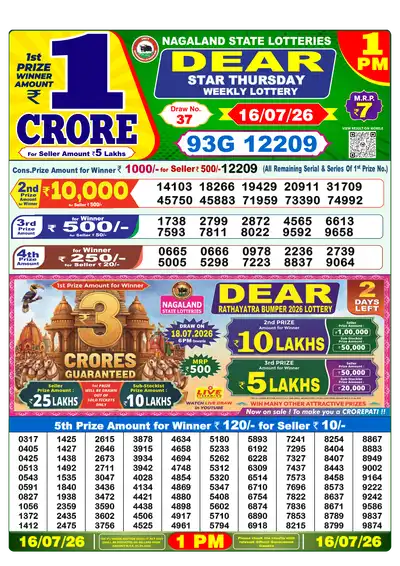 Nagaland State Lottery 1:00 PM Result 16 Jul 2026