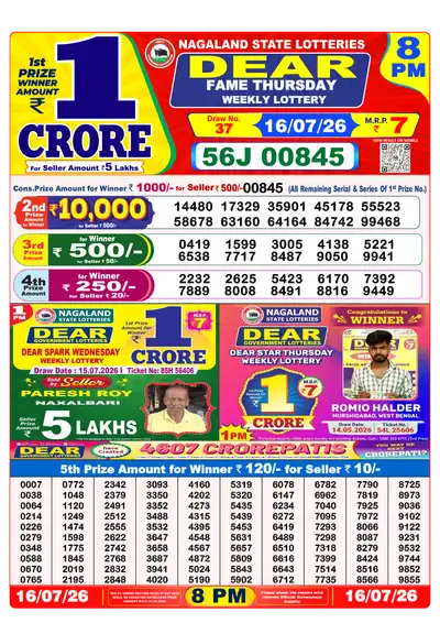 Nagaland State Lottery 8:00 PM Result 16 Jul 2026