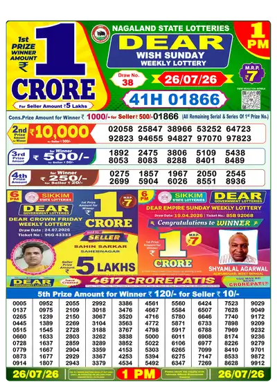 Nagaland State Lottery 1:00 PM Result 26 Jul 2026