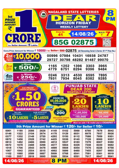 Nagaland State Lottery 8:00 PM Result 14 Aug 2026
