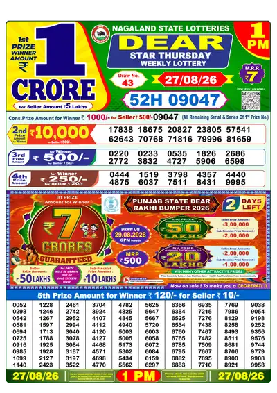 Nagaland State Lottery 1:00 PM Result 27 Aug 2026