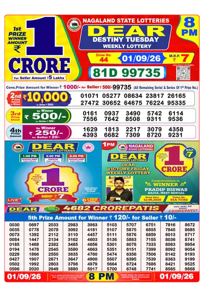 Nagaland State Lottery 8:00 PM Result 01 Sep 2026