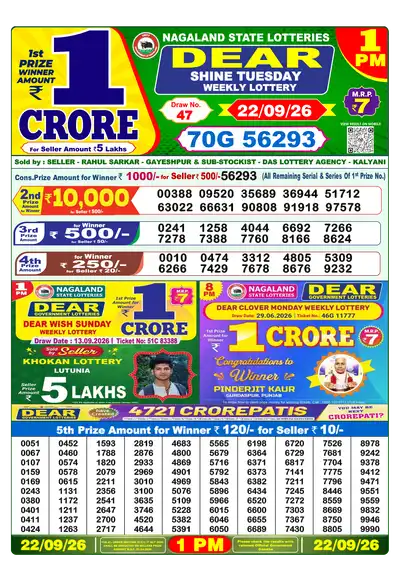 Nagaland State Lottery 1:00 PM Result 22 Sep 2026