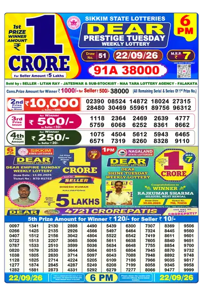 Nagaland State Lottery 6:00 PM Result 22 Sep 2026