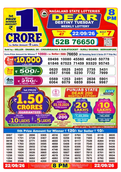 Nagaland State Lottery 8:00 PM Result 22 Sep 2026
