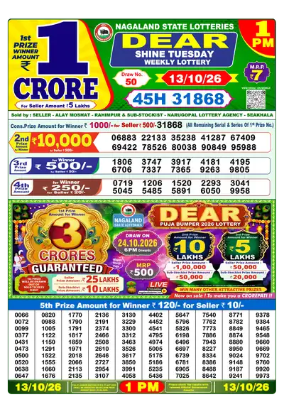 Nagaland State Lottery 1:00 PM Result 13 Oct 2026