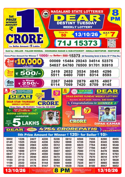 Nagaland State Lottery 8:00 PM Result 13 Oct 2026