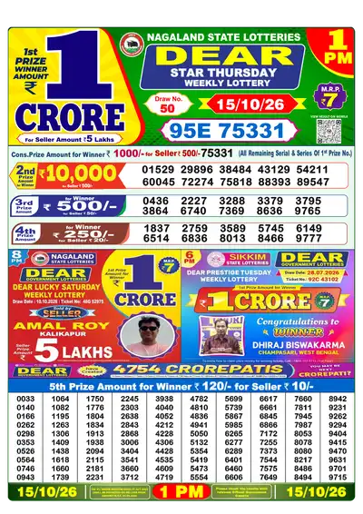 Nagaland State Lottery 1:00 PM Result 15 Oct 2026