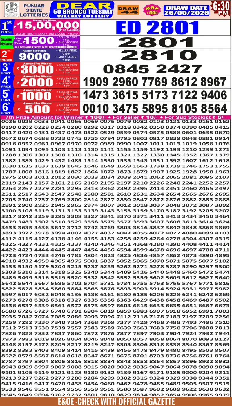Punjab State Lottery Dear 50 Bronco Result 26 May 2026