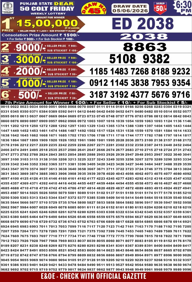 Punjab State Lottery Dear 50 Colt Result 05 June 2026