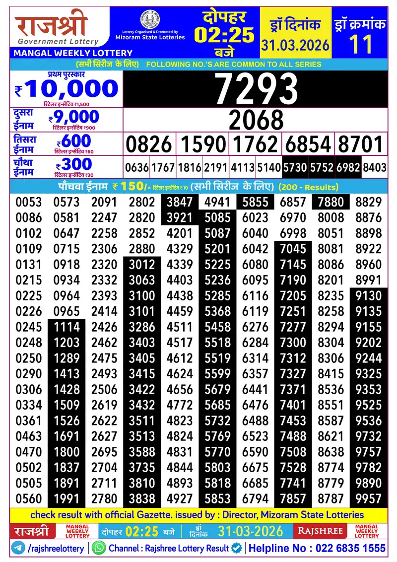 RAJSHREE MANGAL WEEKLY LOTTERY Result 31 March 2026