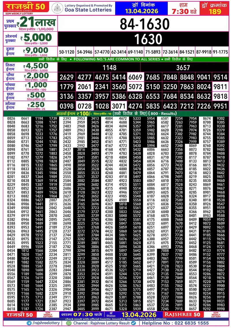 RAJSHREE 50 SOM WEEKLY LOTTERY Result 13 April 2026