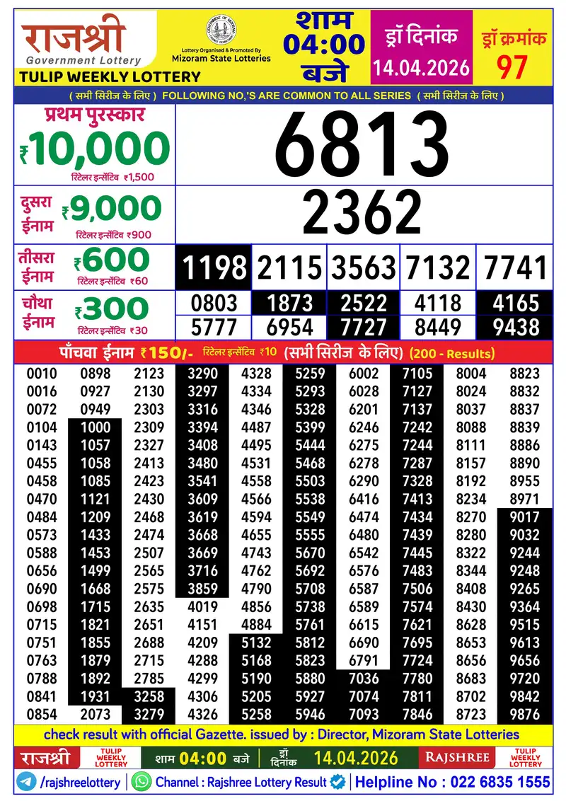 RAJSHREE TULIP WEEKLY LOTTERY Result 14 April 2026