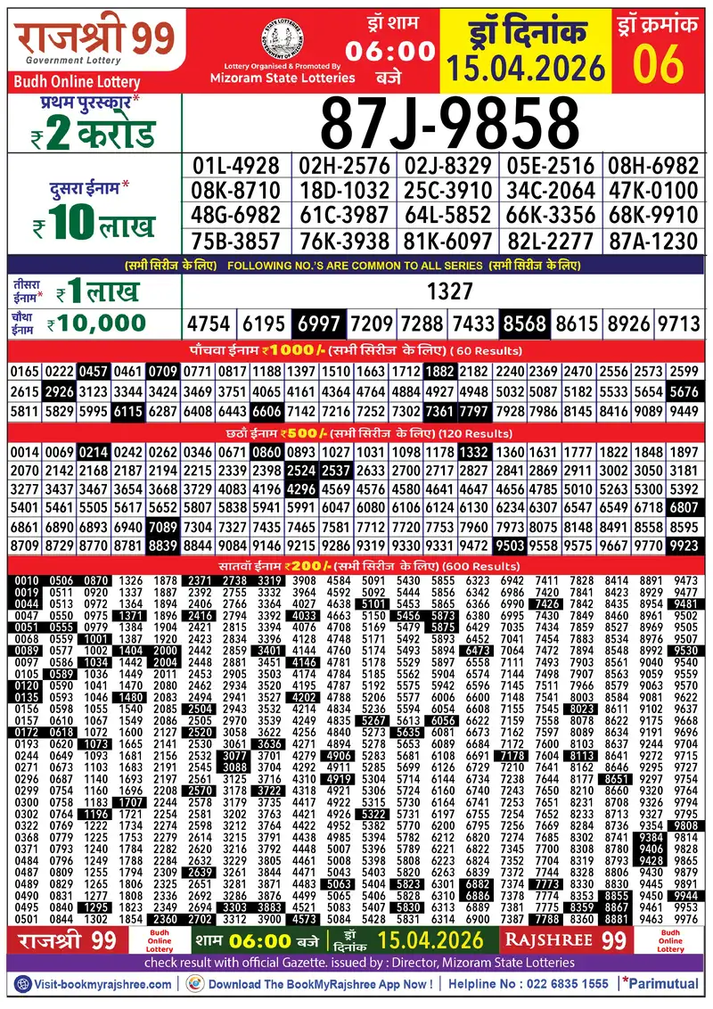 Rajshree 99 Result 15 April 2026