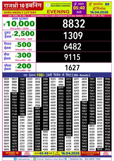 RAJSHREE 10 EVENING GURU WEEKLY LOTTERY Result 16 April 2026