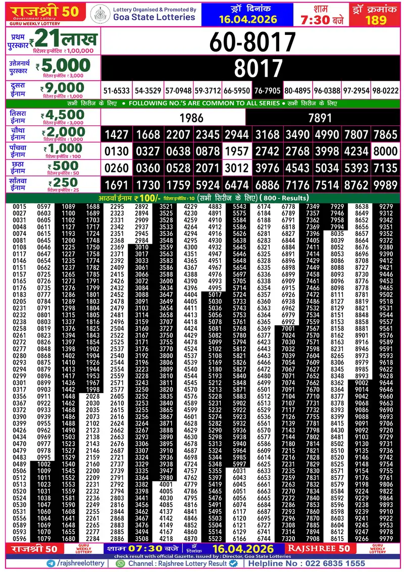 RAJSHREE 50 GURU WEEKLY LOTTERY Result 16 April 2026