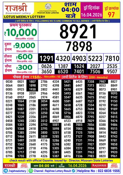 RAJSHREE LOTUS WEEKLY LOTTERY Result 16 April 2026