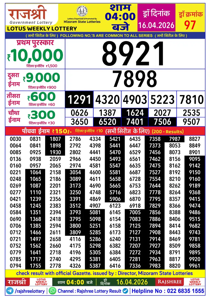RAJSHREE LOTUS WEEKLY LOTTERY Result 16 April 2026