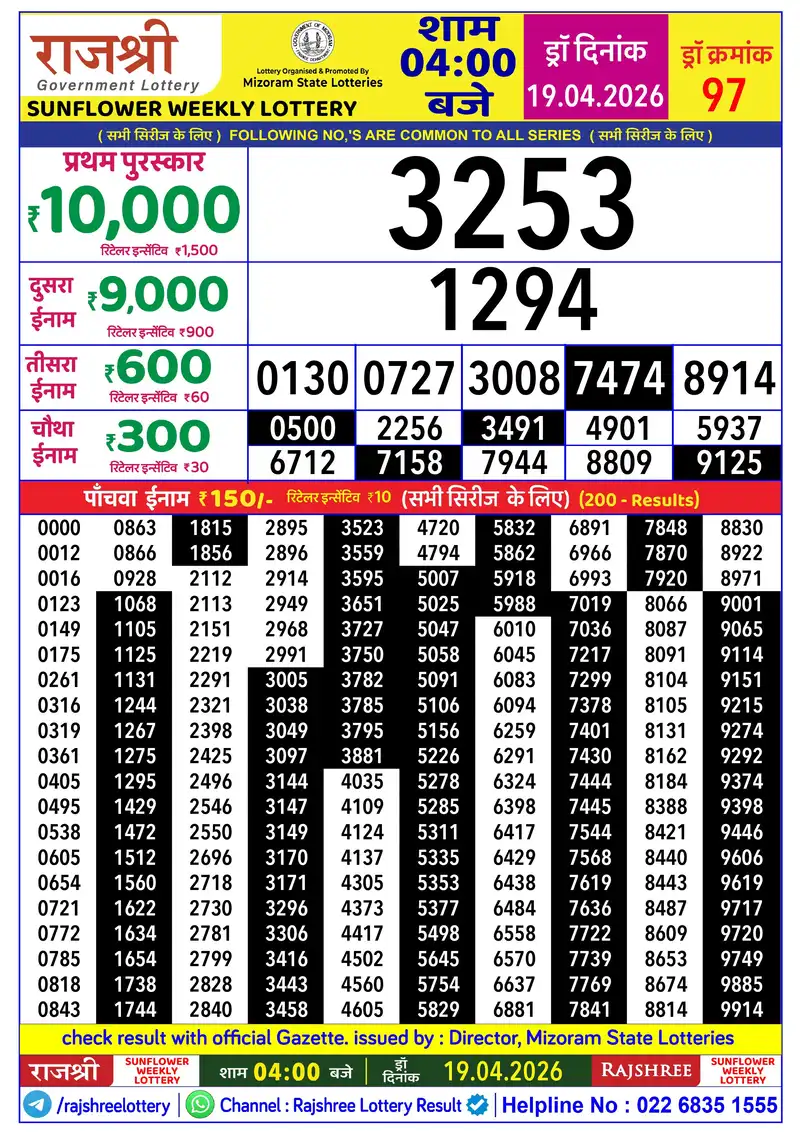 RAJSHREE SUNFLOWER WEEKLY LOTTERY Result 19 April 2026
