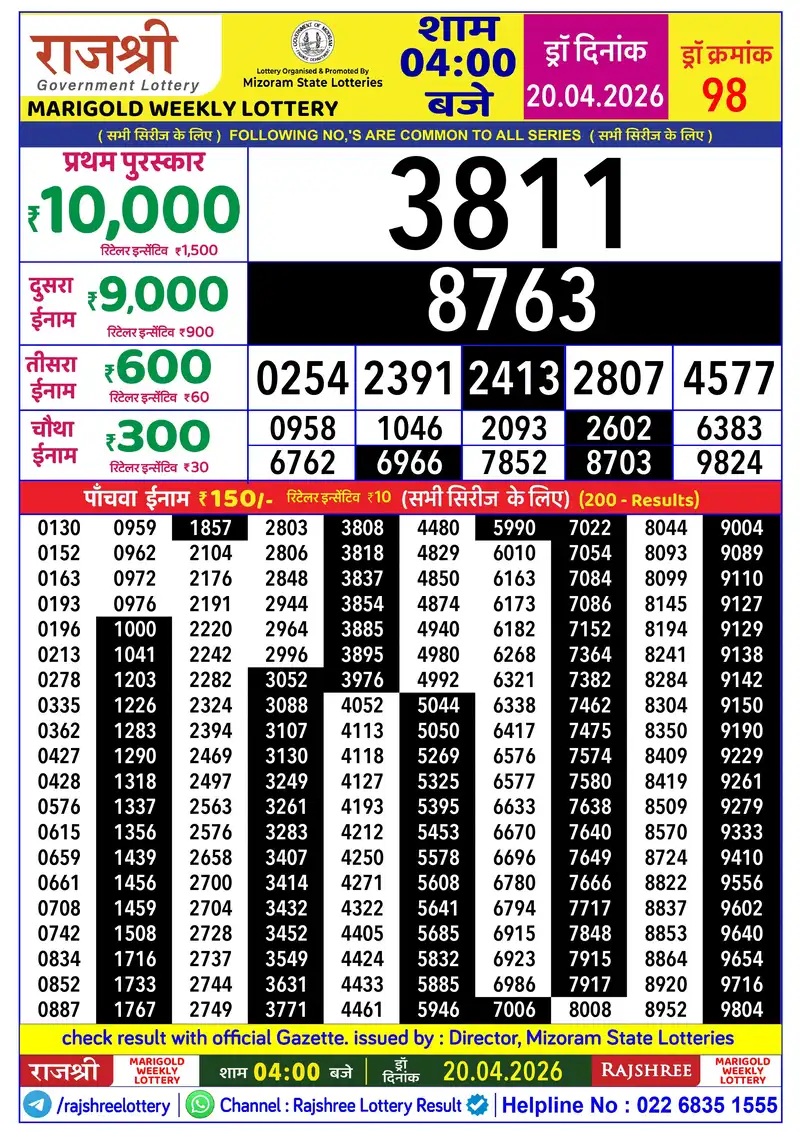 RAJSHREE MARIGOLD WEEKLY LOTTERY Result 20 April 2026
