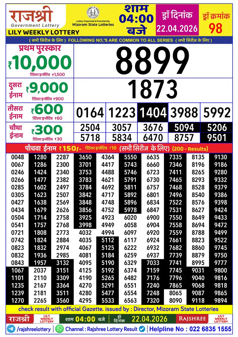 RAJSHREE LILY WEEKLY LOTTERY Result 22 April 2026