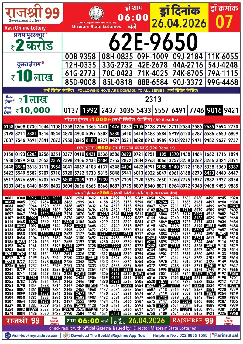 Rajshree 99 Result 26 April 2026