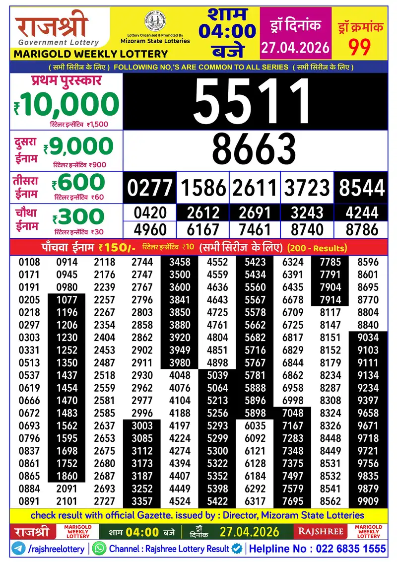 RAJSHREE MARIGOLD WEEKLY LOTTERY Result 27 April 2026
