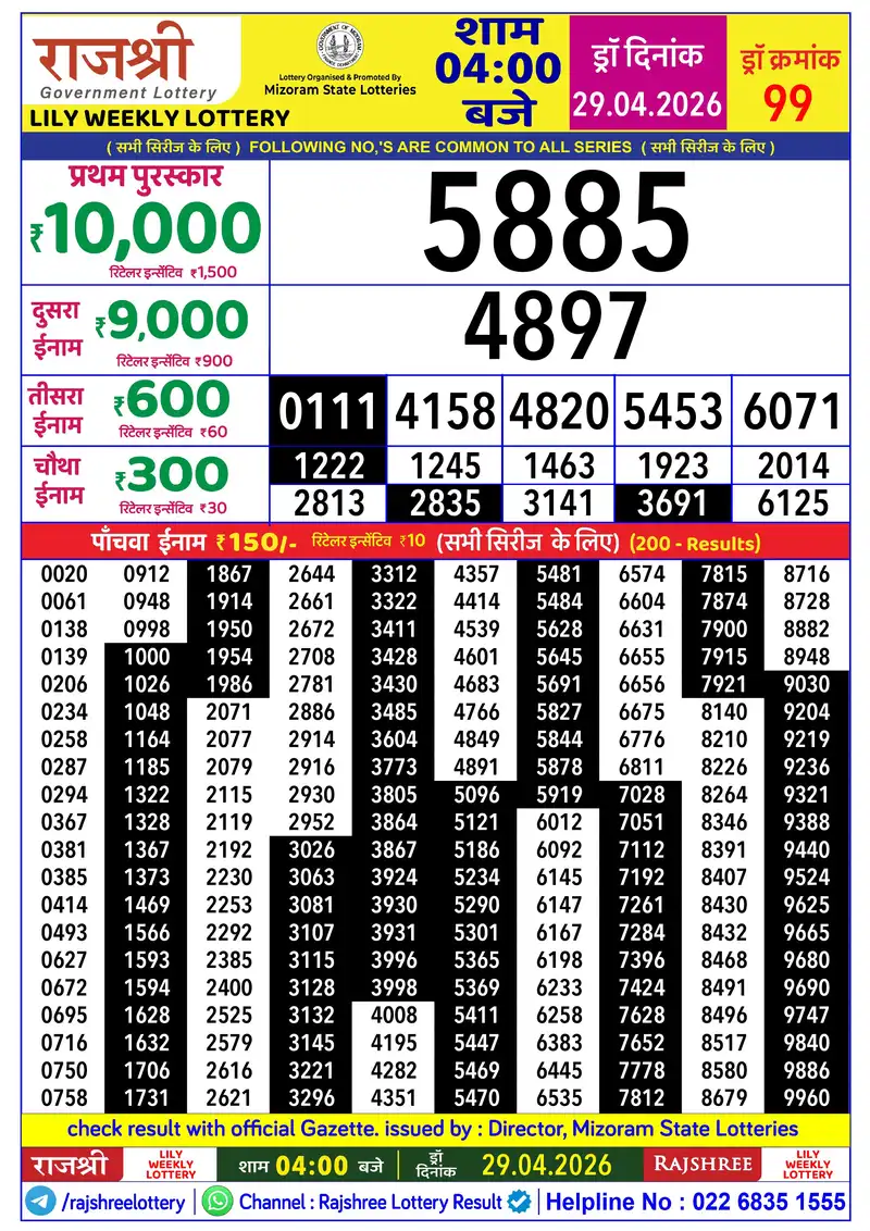 RAJSHREE LILY WEEKLY LOTTERY Result 29 April 2026