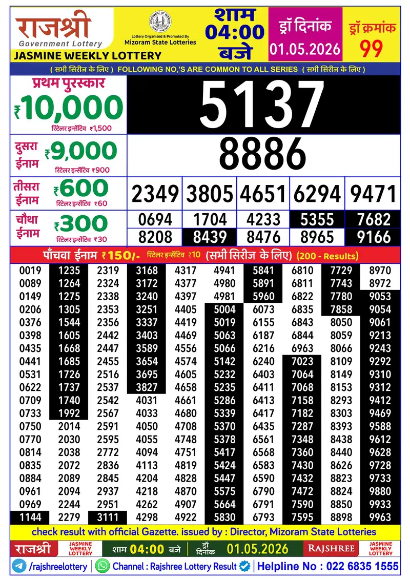 RAJSHREE JASMINE WEEKLY LOTTERY Result 01 May 2026
