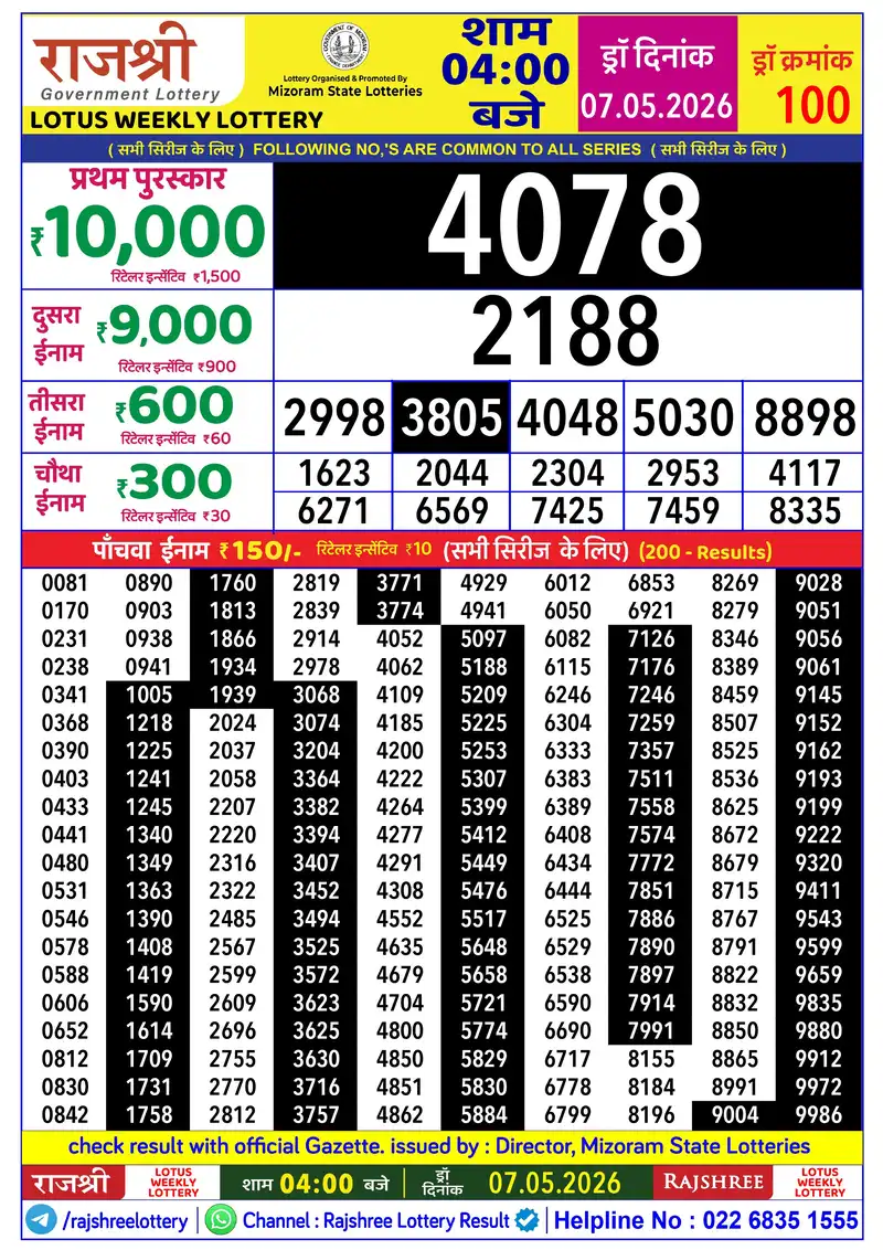 RAJSHREE LOTUS WEEKLY LOTTERY Result 07 May 2026