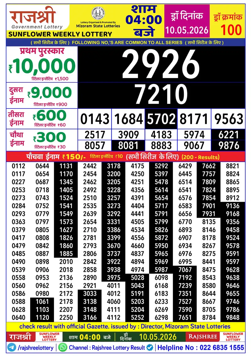RAJSHREE SUNFLOWER WEEKLY LOTTERY Result 10 May 2026