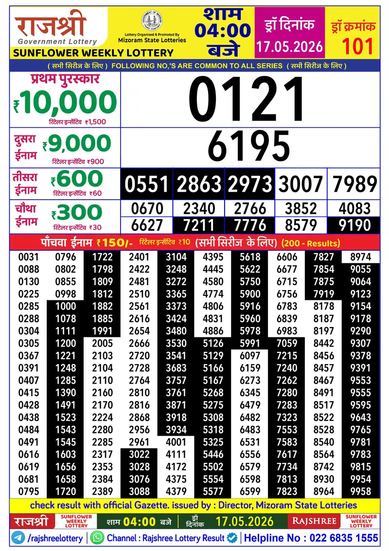 RAJSHREE SUNFLOWER WEEKLY LOTTERY Result 17 May 2026