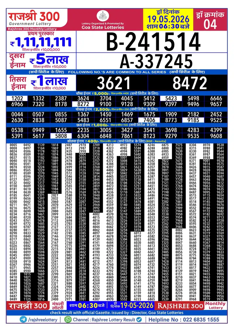 RAJSHREE 300 MONTHLY LOTTERY Result 19 May 2026