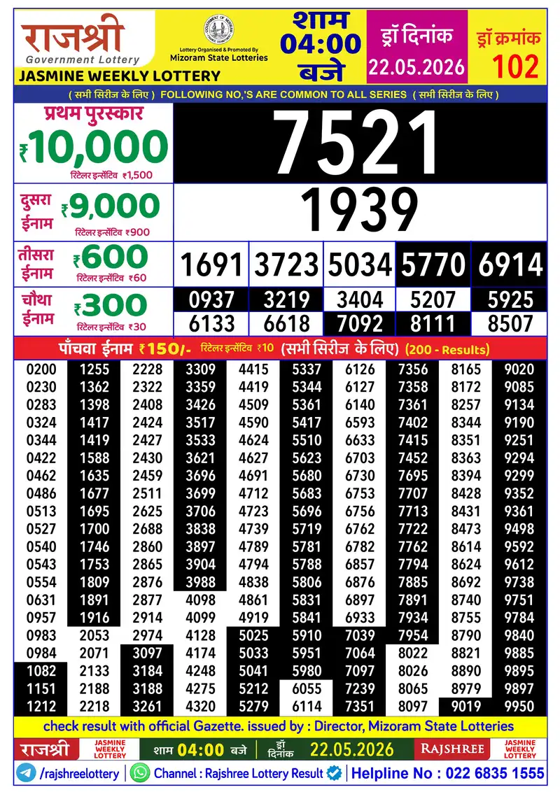 RAJSHREE JASMINE WEEKLY LOTTERY Result 22 May 2026