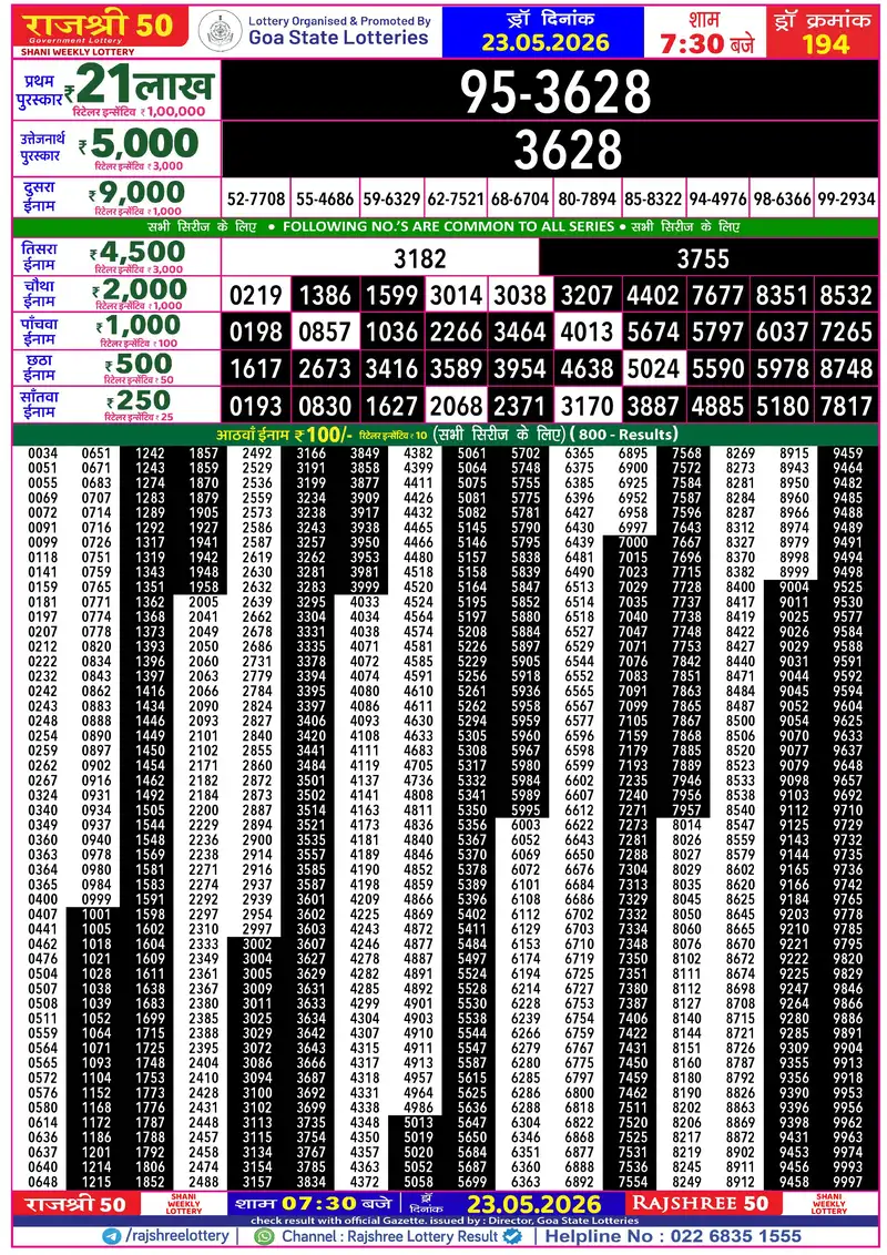 RAJSHREE 50 SHANI WEEKLY LOTTERY Result 23 May 2026