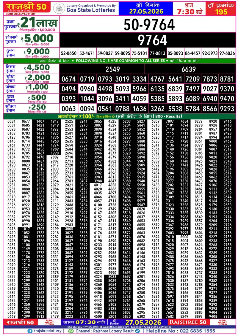 RAJSHREE 50 BUDH WEEKLY LOTTERY Result 27 May 2026