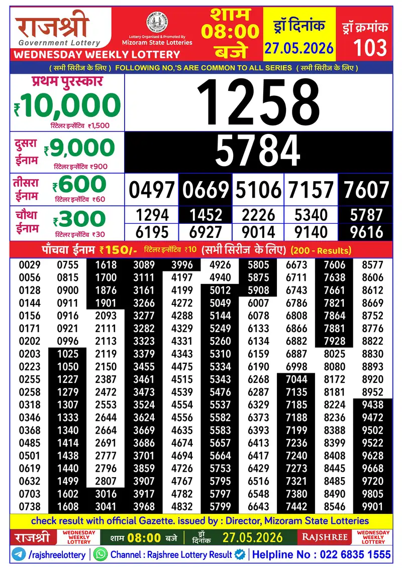 RAJSHREE WEDNESDAY WEEKLY LOTTERY Result 27 May 2026