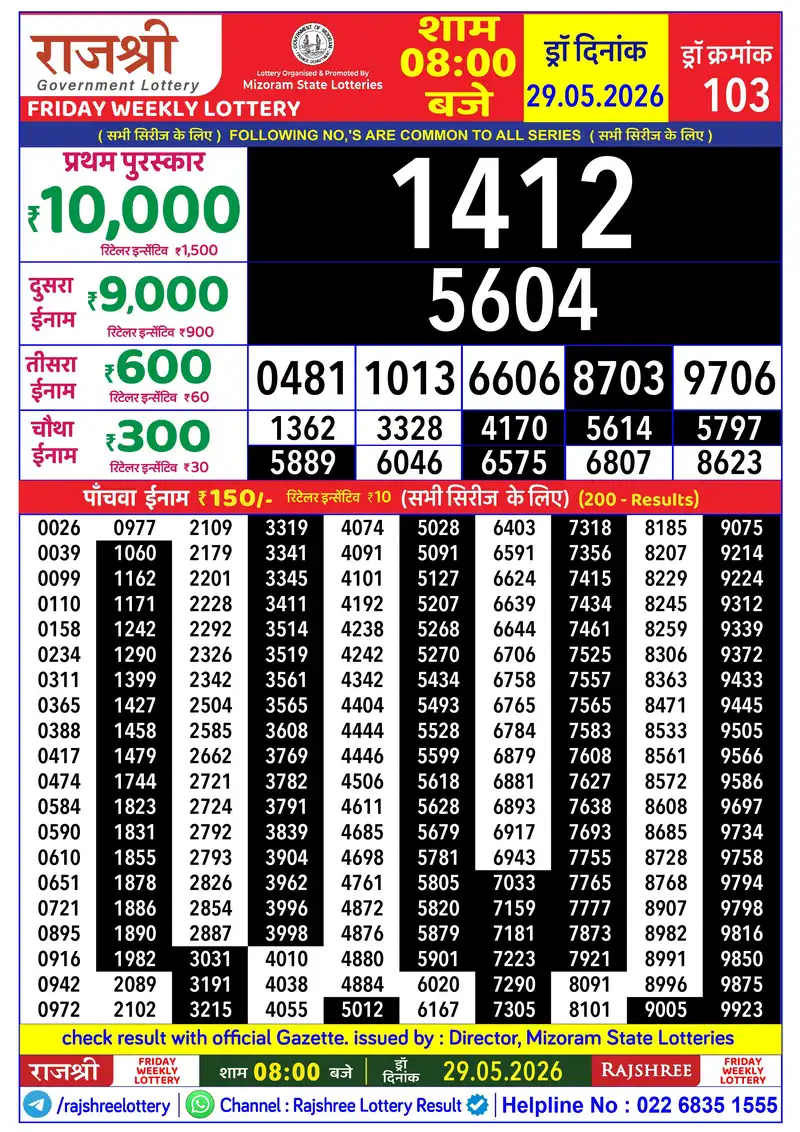 RAJSHREE FRIDAY WEEKLY LOTTERY Result 29 May 2026