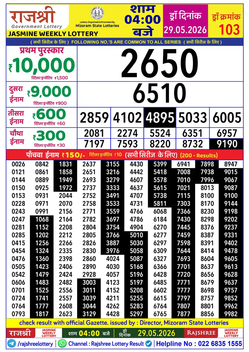 RAJSHREE JASMINE WEEKLY LOTTERY Result 29 May 2026