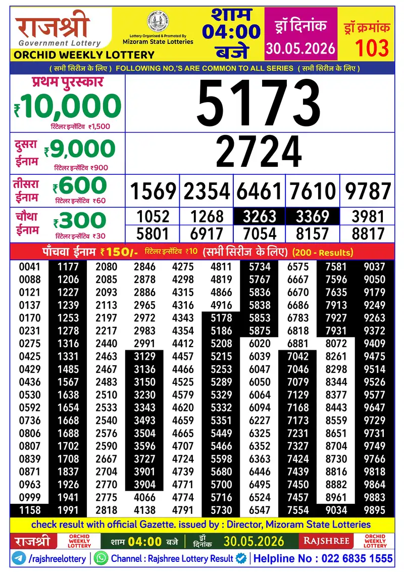 RAJSHREE ORCHID WEEKLY LOTTERY Result 30 May 2026