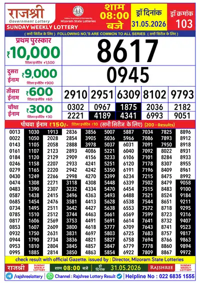 RAJSHREE SUNDAY WEEKLY LOTTERY Result 31 May 2026