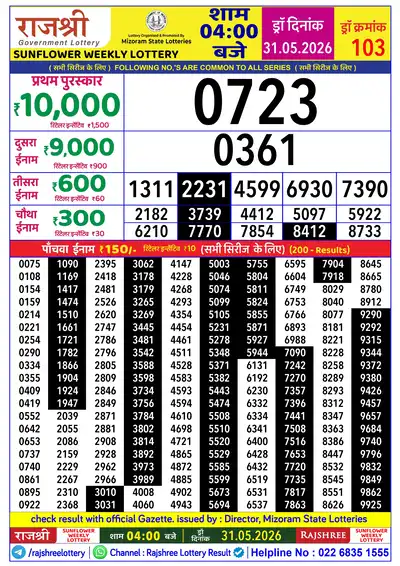 RAJSHREE SUNFLOWER WEEKLY LOTTERY Result 31 May 2026