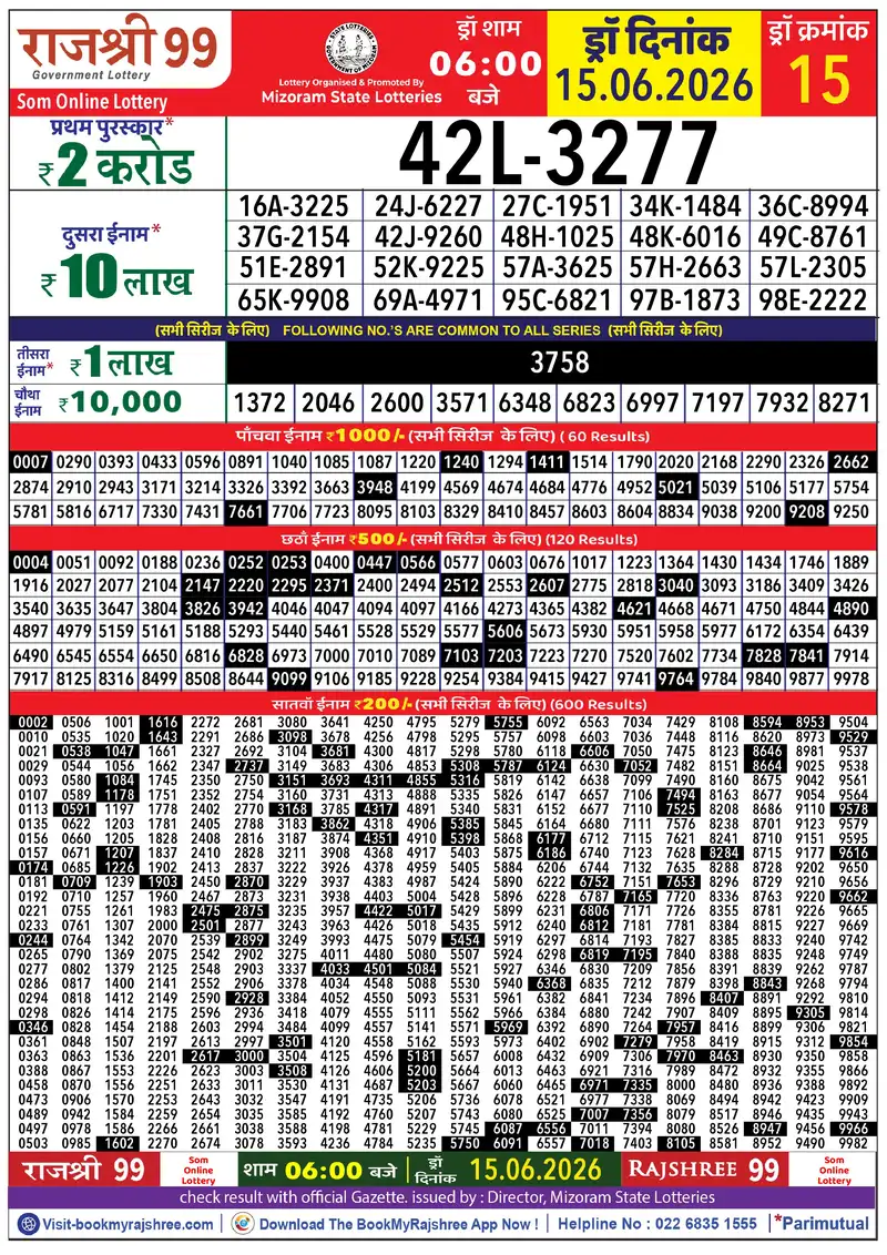Rajshree 99 Result 15 June 2026