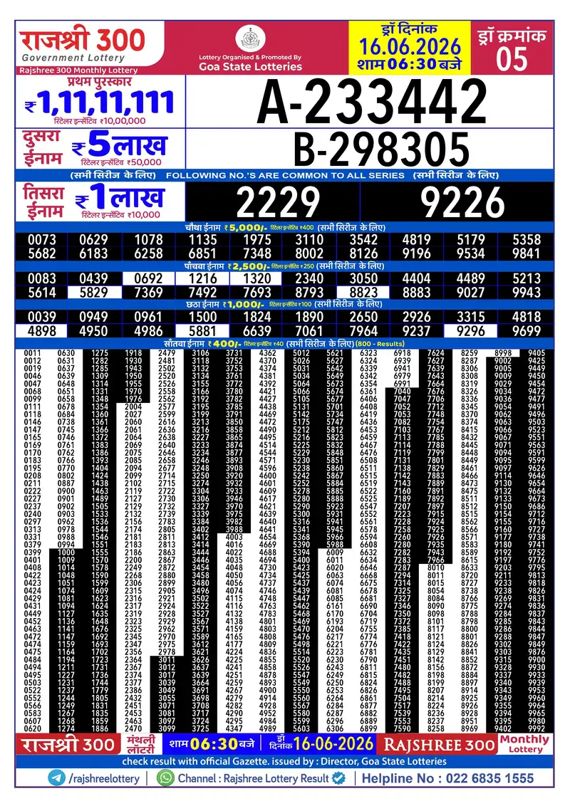 RAJSHREE 300 MONTHLY LOTTERY